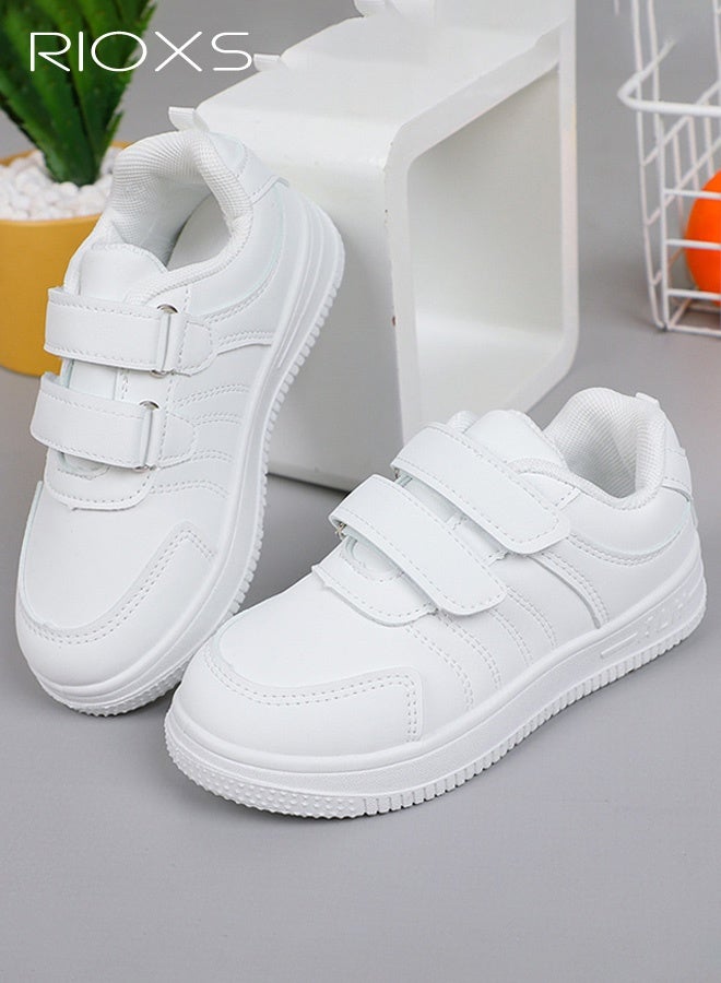 RIOXS Kids' Waterproof White Casual Sneakers, Breathable Faux Leather with Velcro Closure and Non-Slip Rubber Sole, Comfortable Walking Shoes for Girls, Lightweight Everyday Sneakers for Boys, Perfect for School, Strolls, Daily Wear, and Sports, White - Image 2